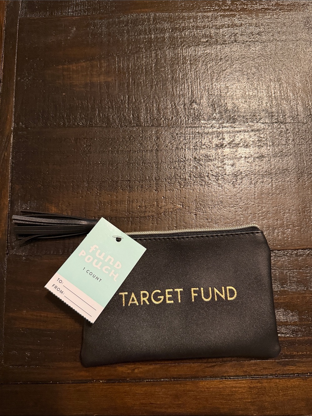 Target Black Faux Leather 'Target Fund' Zip Pouch with Gold Lettering